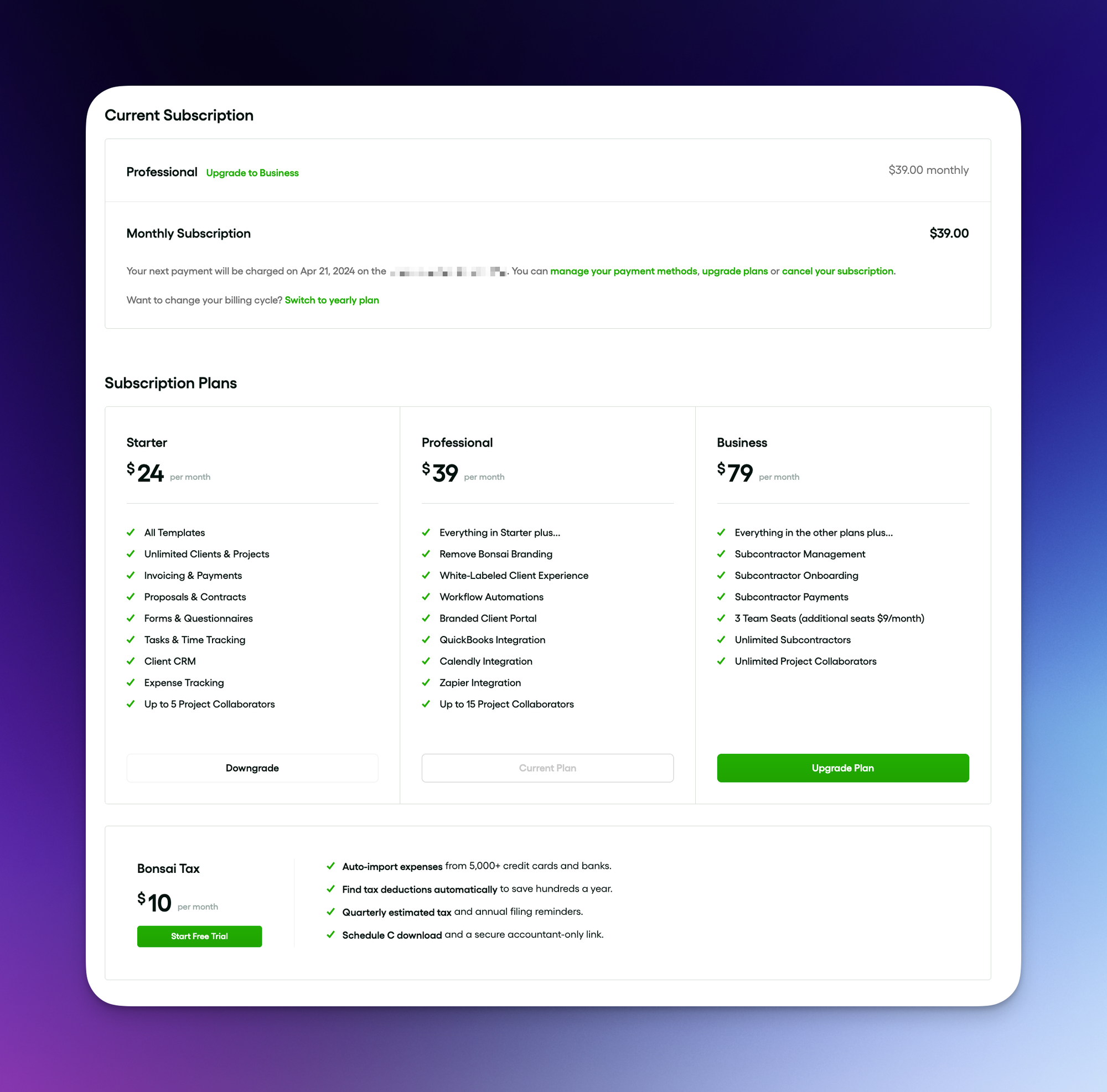 Hello Bonsai CRM Pricing table